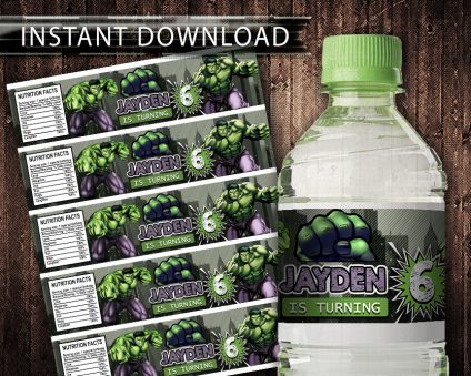 Hulk Water Bottle Labels,  Hulk Bottle Labels