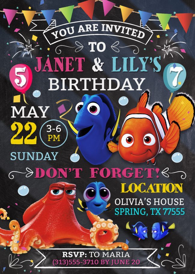 Finding Dory Party Invites,  Finding Nemo Invitation