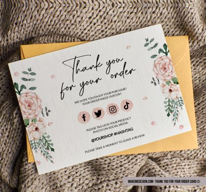 Pink Flowers Thank You For Your Order,  Business Order Insert Template
