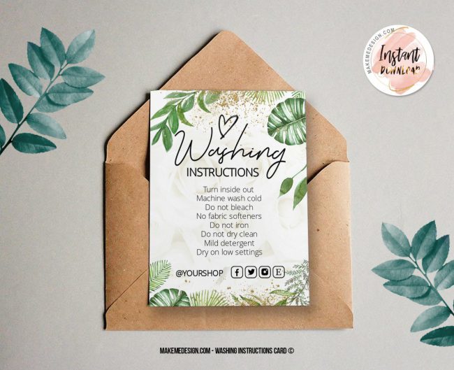 Greenery Gold Washing Instructions,  Printable Care Instructions Template