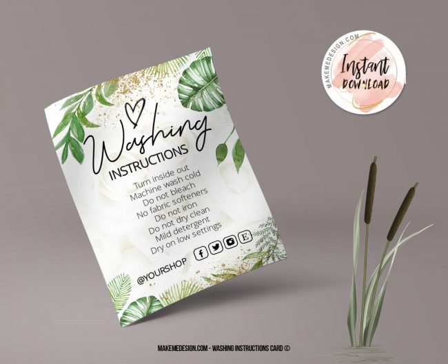 Greenery Gold Washing Instructions,  Printable Care Instructions Template