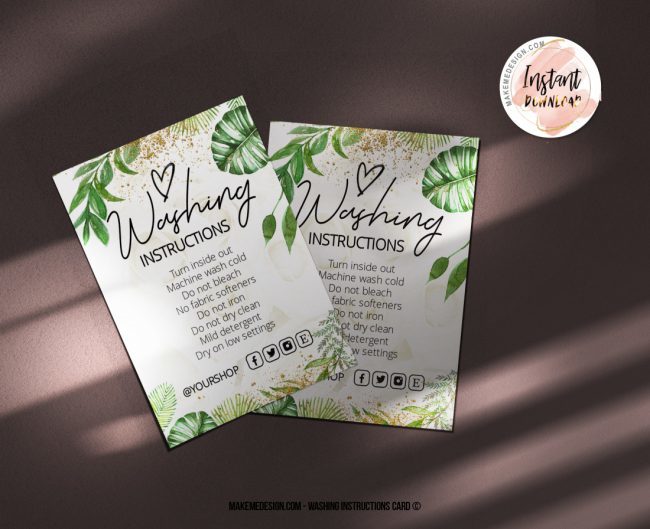 Greenery Gold Washing Instructions,  Printable Care Instructions Template