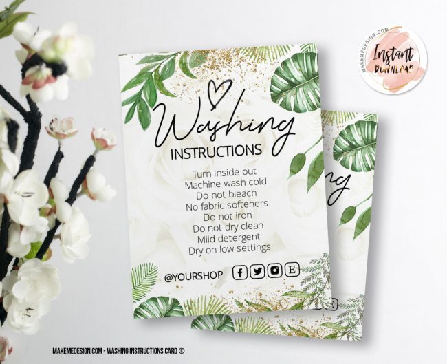 Greenery Gold Washing Instructions,  Printable Care Instructions Template