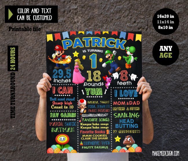 Mario Chalkboard Sign Birthday,  Chalkboard Milestone Poster