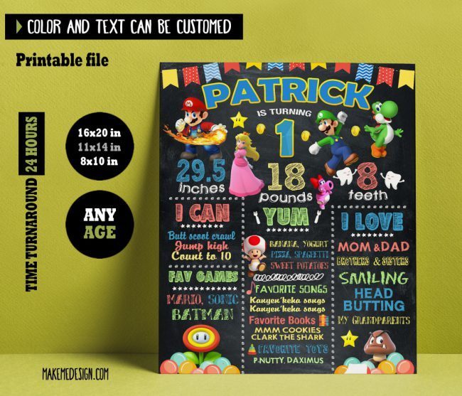 Mario Chalkboard Sign Birthday,  Chalkboard Milestone Poster