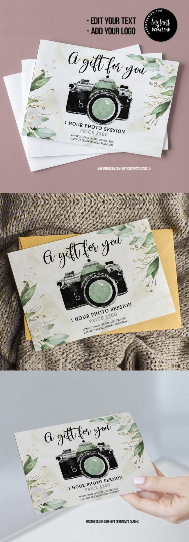 Greenery Gift Certificate Photography,  Photography Gift Certificate Template