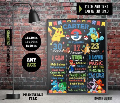 Pokemon Chalkboard Sign Birthday,  Stats Board