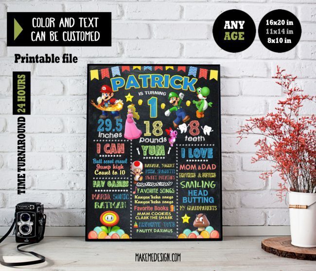 Mario Chalkboard Sign Birthday,  Chalkboard Milestone Poster