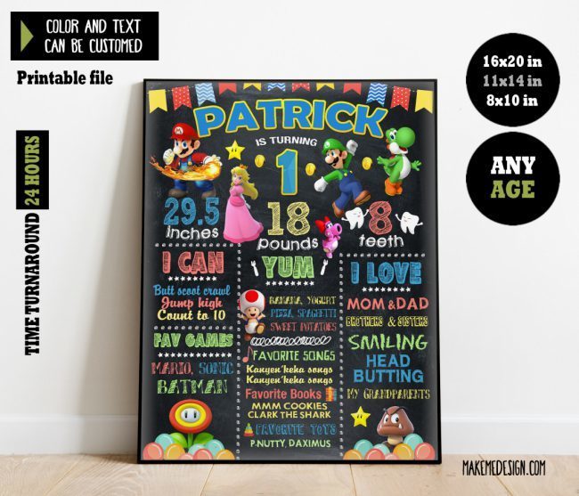 Mario Chalkboard Sign Birthday,  Chalkboard Milestone Poster