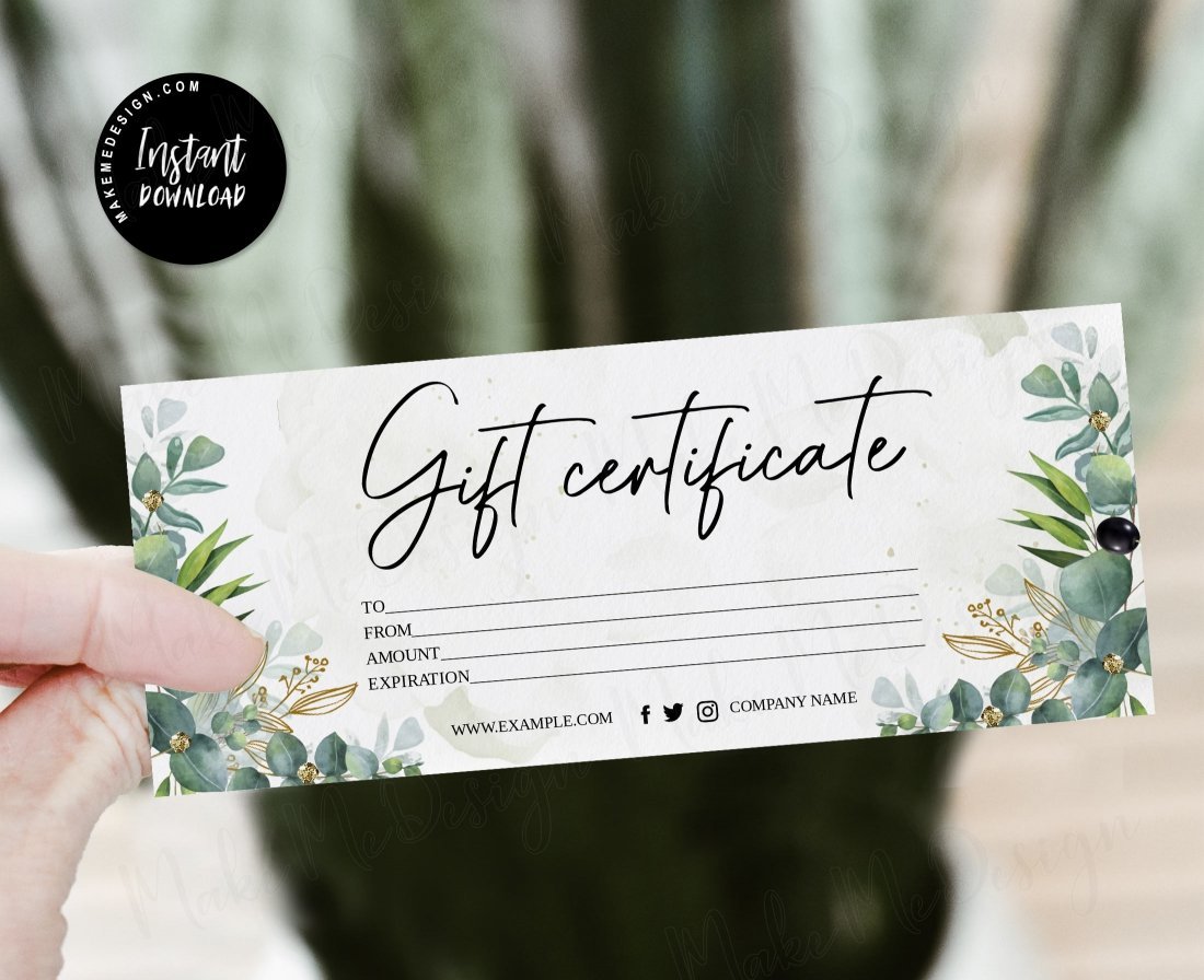 Gift Card Greenery Gift Card Instant Download Modern Gift Certificate Templates Gift Certificate Template Printable Editable