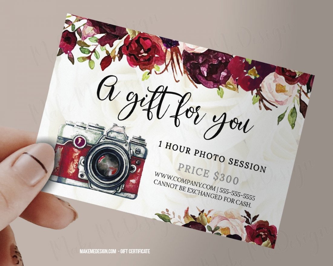 Burgundy Floral Gift Certificate Photography Photo Session Voucher Printable Template Gift Certificate Template Gift Certificate Printable Photographer Gift Certificates Template Makemedesign
