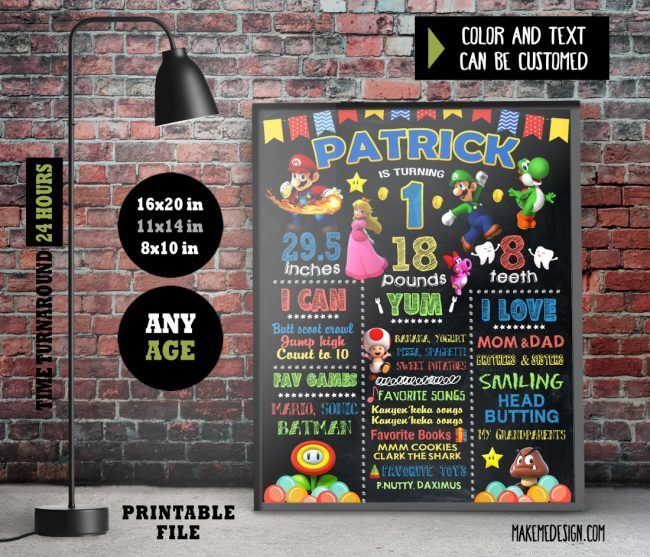 Mario Chalkboard Sign Birthday,  Chalkboard Milestone Poster