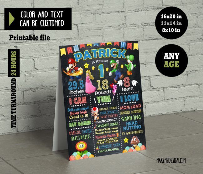 Mario Chalkboard Sign Birthday,  Chalkboard Milestone Poster