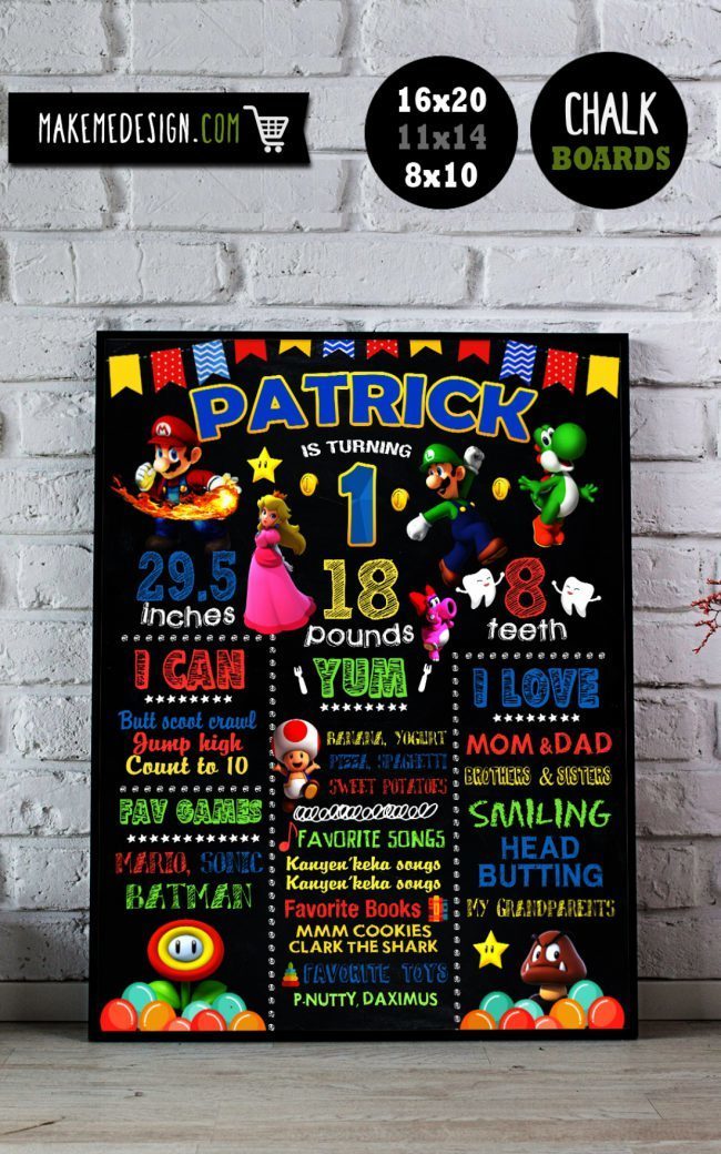 Mario Chalkboard Sign Birthday,  Chalkboard Milestone Poster